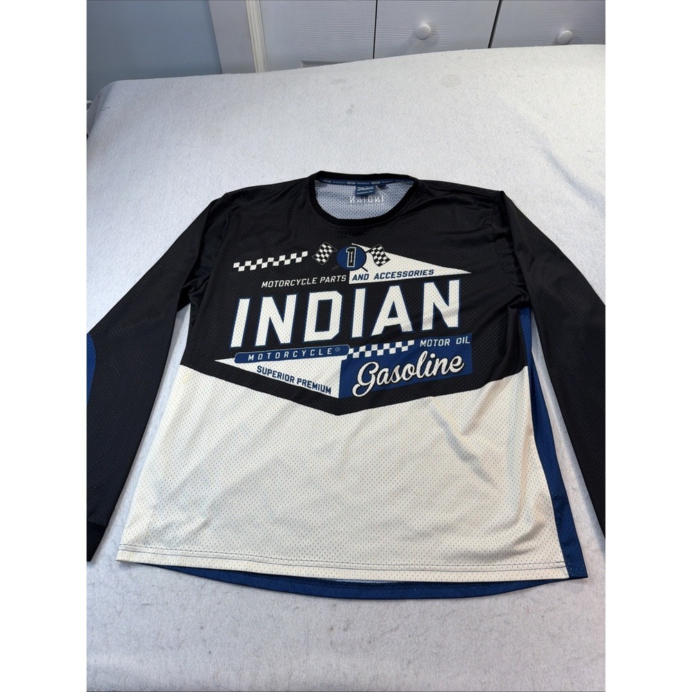 Indian Motorcycle Gasoline Graphic Jersey Shirt XL Black Blue Long Sleeve Mesh